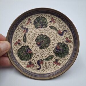 Vtg Hand-Etched Brass Trinket Plate‎ Enamel Peacock Pheasant Floral 4" Kashmiri